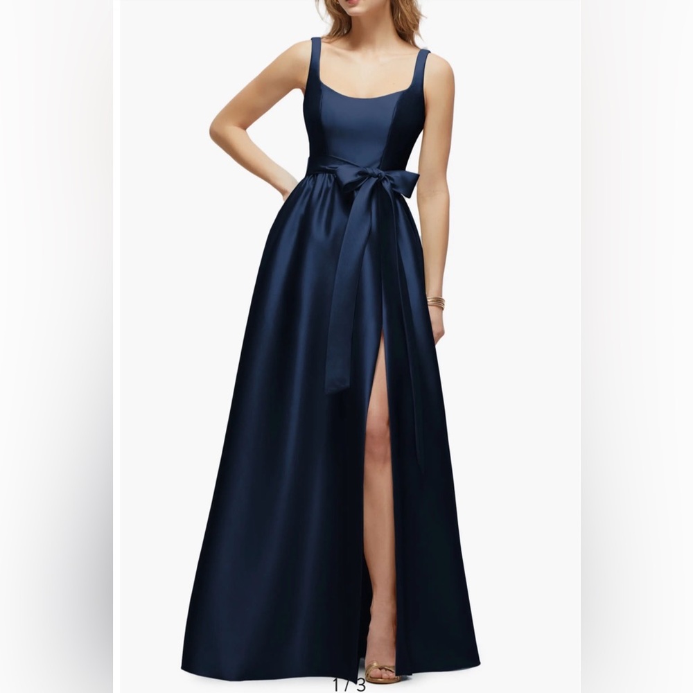 NWOT Dessy Collection 3176 Midnight Blue Bow Satin Twill Gown, Size 12